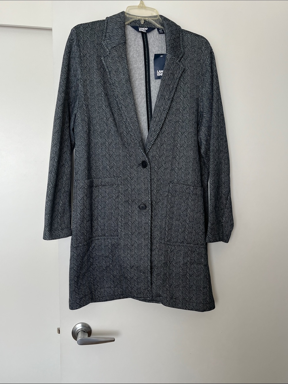 Lands' End Women's Black and White Herringbone Long Blazer LP New - Picture 2 of 8